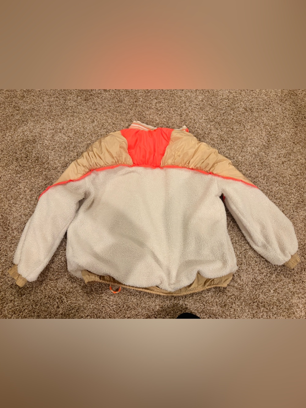 Free People Movement Beige and White Sherpa Puffer Jacket with Neon Coral Trim - Picture 3 of 4